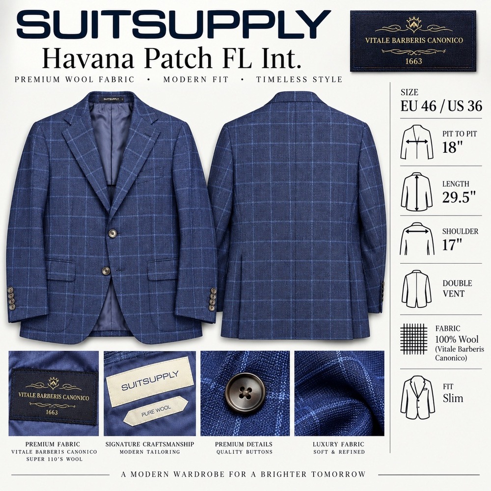 Suitsupply Havana Slim Fit Blue Windowpane Wool Blazer Vitale Barberis 36R IT 46